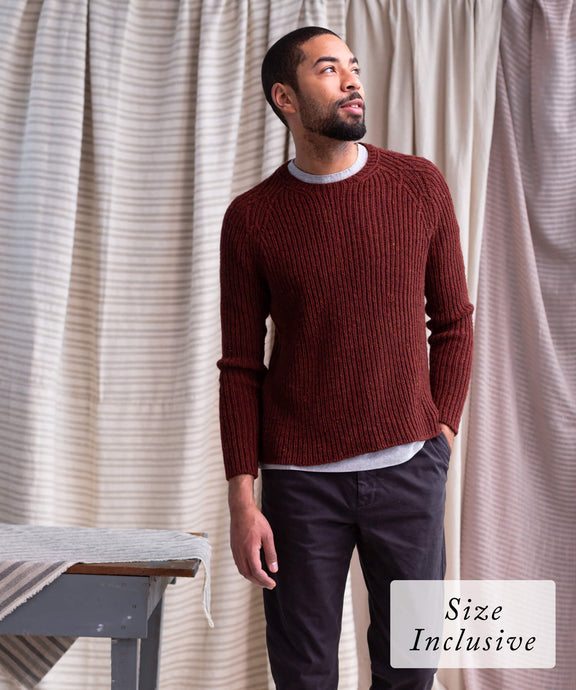 Fehling Sweater | Knitting Pattern by Emily Greene modeled by Anthony in Imbue color Cloak
